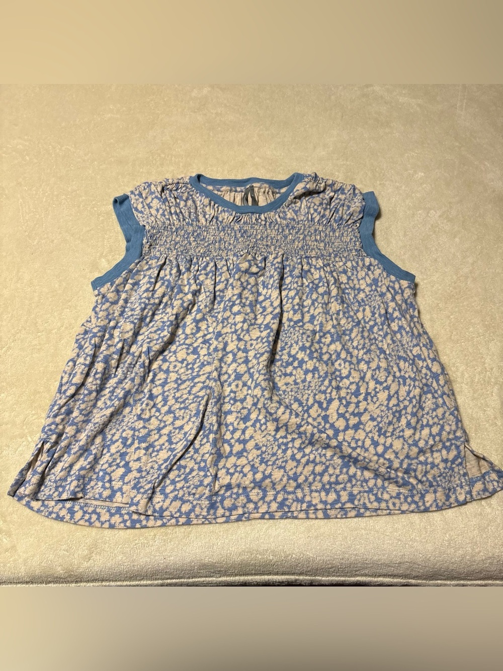 Anthropologie Blue and Cream Floral Smocked Cap-Sleeve Top
